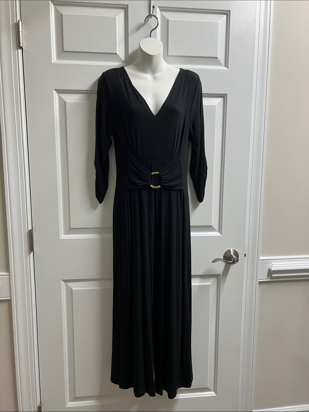 Liz Lange Black 3/4 Sleeve V Neck Jumpsuit Gold Buckle size medium petite rayon